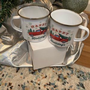 A set of 2 “Happy Holiday “ Enamel Stainless Steel White cups!!!